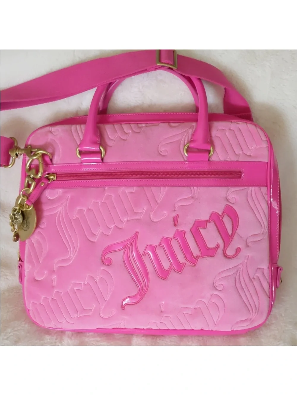 Y2k Juicy Couture Hot Pink Embossed Laptop Bag with Gold Hardware